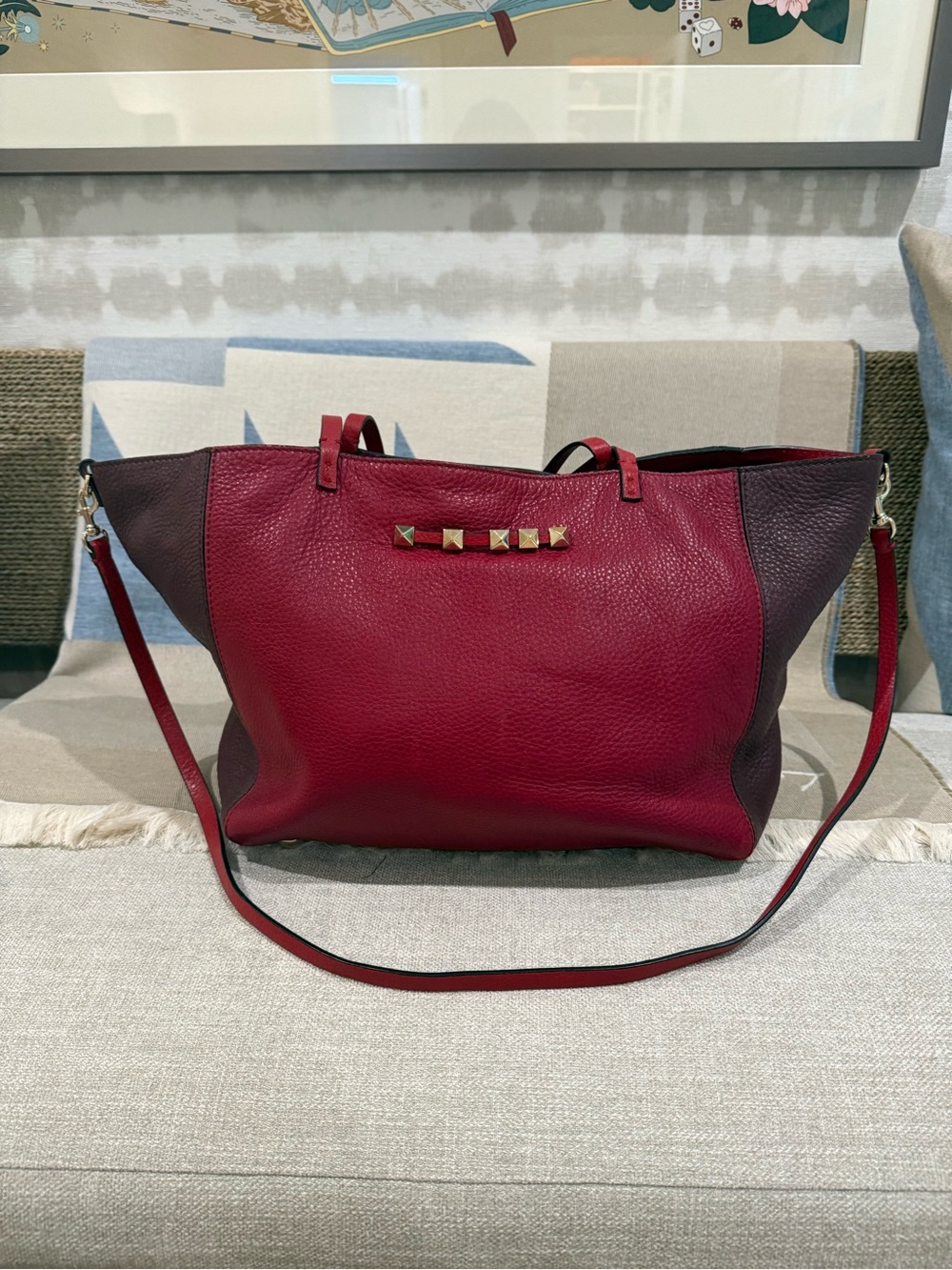 Valentino Rockstud Leather Two-Tone Red Tote
